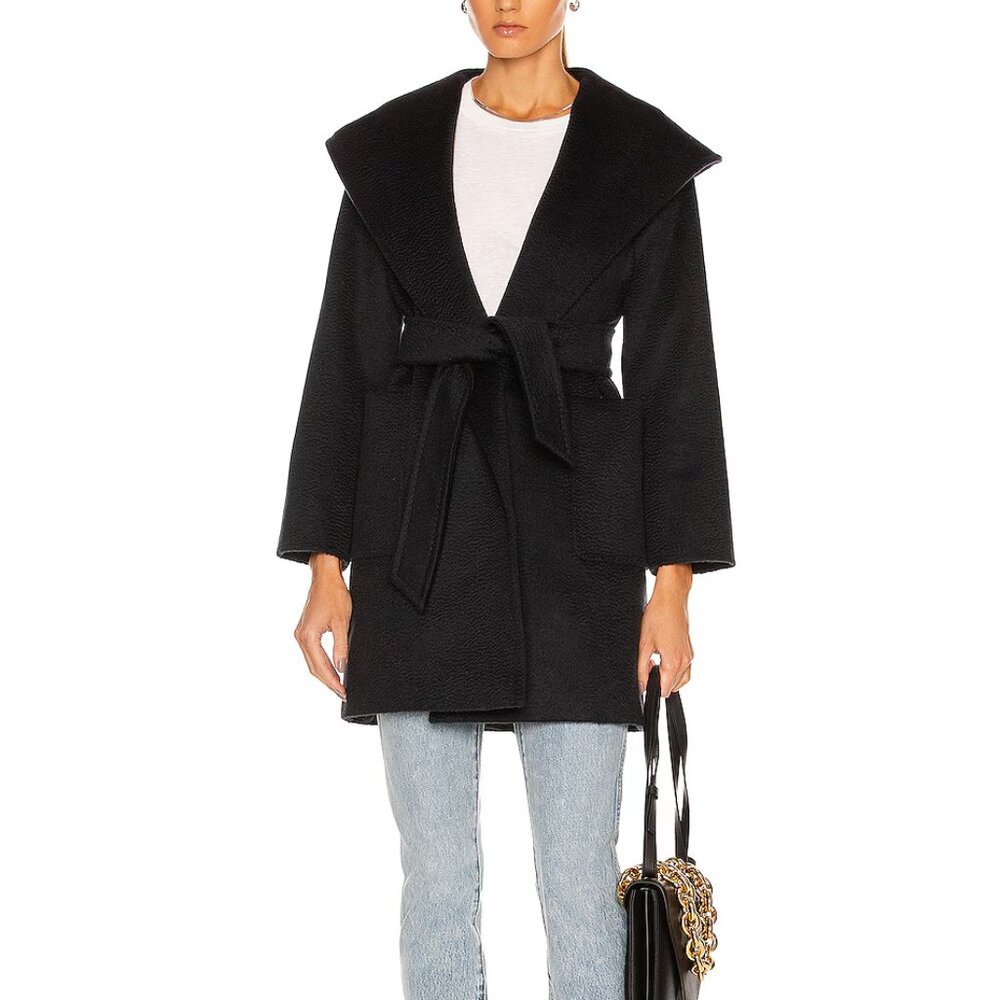 Max Mara Rialto Camel Hair Belted Short Hooded Coat Black Size 10